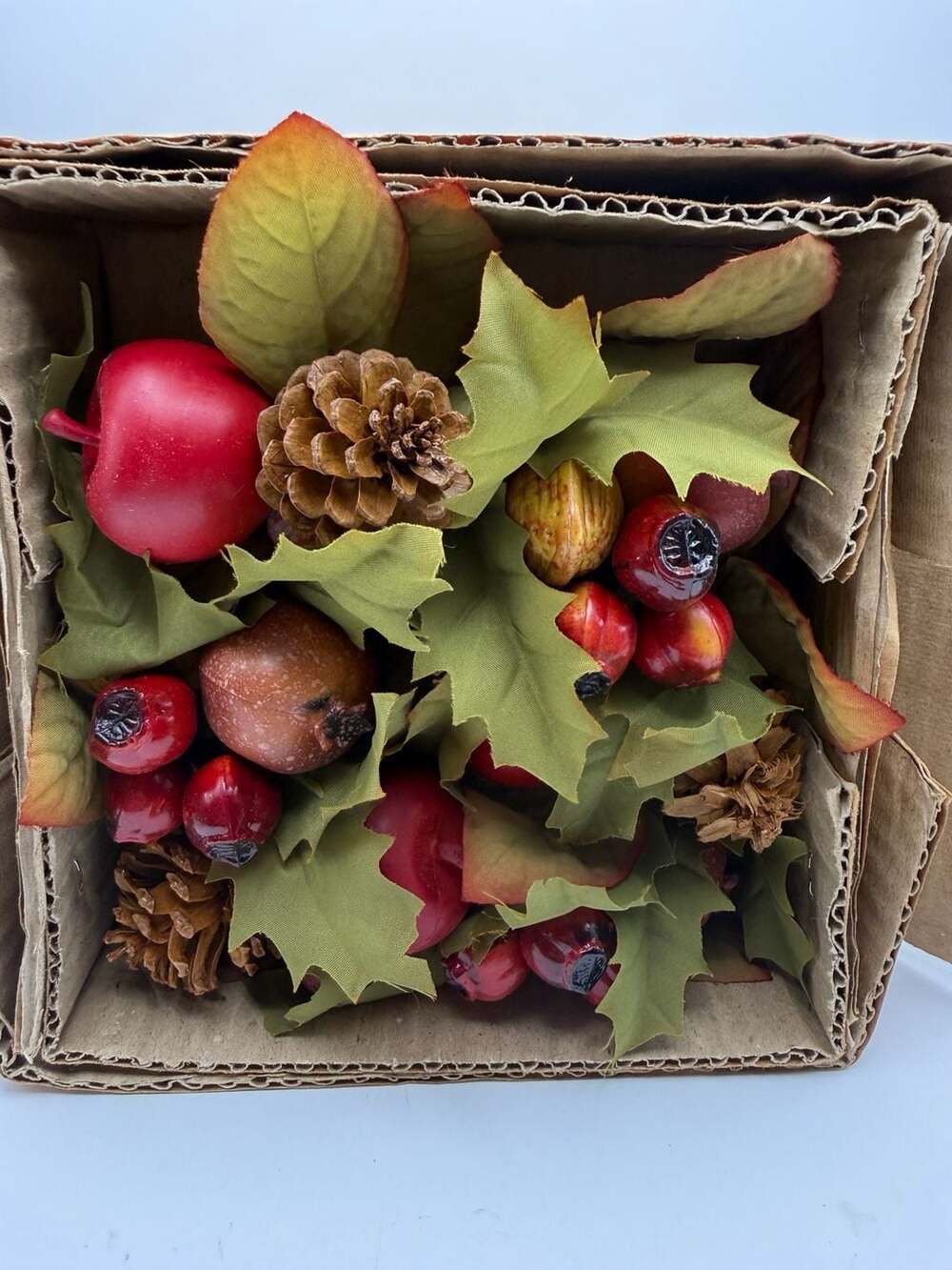 Artificial Fall Harvest Leaves Apples Pine Cones and Berries Wreath Centerpiece